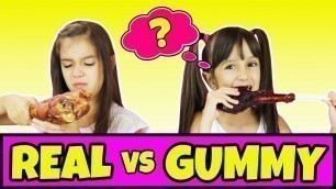 'Real Food vs Gummy Food Challenge Part 5 - Switch Up Edition - Giant Gummy Candy | Emily and Evelyn'