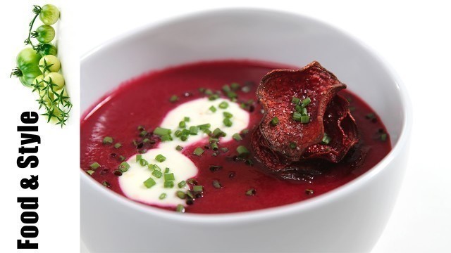 'Beet Soup with Orange Crème Fraîche & Beet Chips'