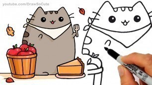 'How to Draw Autumn Pusheen Cat Eating Pie step by step Easy - Fall Leaves'