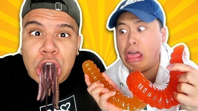 'GUMMY FOOD vs. REAL FOOD CHALLENGE!! (EATING LIVE WORMS) GIANT GUMMY FOOD'