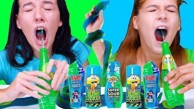 'ASMR Blue VS Green Food Color Challenge (Giant Gummy Snake, Super Sour Candy, SLime Licker)'