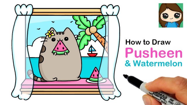 'How to Draw Pusheen Eating Watermelon on Vacation 