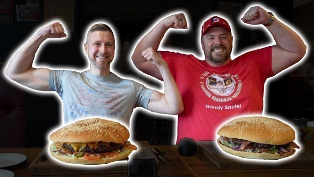 'NEW RECORD? @RandySantel HEARTSTOPPER BURGER CHALLENGE | beating @JoelHansen  time? MAN VS FOOD'