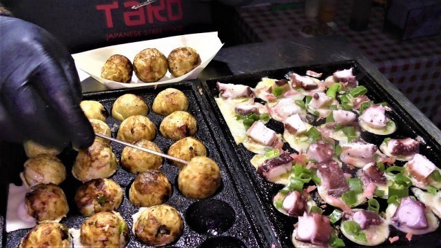 'Cooking Takoyaki, Japanese Octopus and Shrimps Balls. Warsaw Street Food, Poland. Nocny Market'