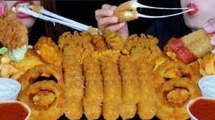 'ASMR FRIED FOOD FEAST! CHEESY MOZZARELLA STICKS, FRIED CHICKEN, CRUNCHY ONION RINGS, FRIES, FISH'