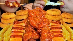 'ASMR FRIED FOOD FEAST! CHEESY MOZZARELLA STICKS, ONION RINGS, SPICY FRIED CHICKEN, SAUSAGE RICE CAKE'