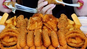 'ASMR FRIED FOOD FEAST! HUGE CRUNCHY ONION RINGS, CHEESE STICKS, FRIED CHICKEN TENDERS, FRIES, FISH'