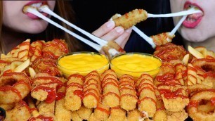 'ASMR CHEESY FRIED FOOD FEAST! MOZZARELLA CHEESE STICKS, ONION RINGS, FRIED CHICKEN, FRIES, FISH 먹방'