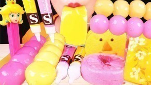 'ASMR PINK & YELLOW FOOD: SHEET JELLY, CHOCOLATE, RICE BALLS, MONAKA, PEZ, MARSHMALLOW, CANDY 먹방 咀嚼音'