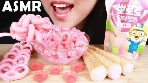 'ASMR EATING SOUNDS PINK FOOD MAC & CHEESE, PRETZELS, PORORO 뽀로로  GUMMY No talking Abbey ASMR 咀嚼音'