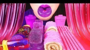 'ASMR PURPLE & PINK FOODS: LOLLIPOP, CHOCOLATE KEYBOARD, JELLO DONUTS, JELLY NOODLES, CAKE, CANDY 咀嚼音'