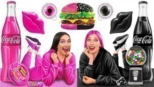 'Black Food vs Pink Food Challenge | Eating Everything Only in 1 Color for 24 Hours TeenDO'