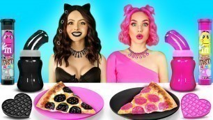 'Chocolate Vs Black VS Pink Food Challenge! Eating 1 Color Food & Sweets 24 Hours by RATATA CHALLENGE'