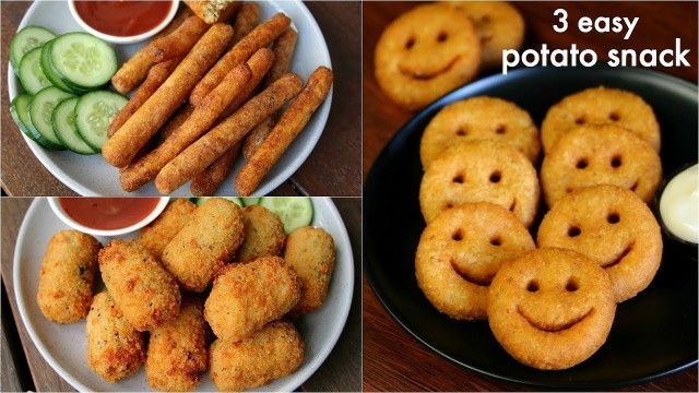 '3 easy potato snacks recipe for kids | potato fingers, potato nuggets, potato smiley recipe'