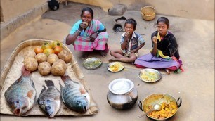 'indian tribal village cooking FISH CURRY by a santali grand mother for her lunch||rural village life'