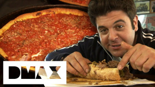 'Adam Devours 2 Chicago Style Dishes: The Italian Beef Sandwich And Deep Dish Pizza | Man V Food'