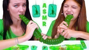 'ASMR GREEN FOOD PARTY (GIANT GUMMY WORM, JELLO CUPS RACE, SOUR CANDY SPRAY)'