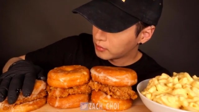 '(REVERSED ASMR Food) RAM-DON - KFC CHICKEN DONUT SANDWICH - MAC N CHEESE - No TalkinG EATING SOUNDS'