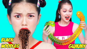 'Girl DIY! 13 Gummy Food vs. Real Food Challenge! EATING GIANT GUMMY FOOD! Best Gross Real Worm Candy'