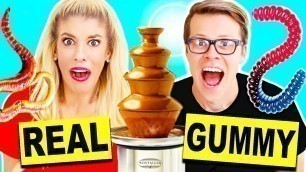 'Gummy Food vs Real Food Chocolate Fondue Challenge! Giant Gummy Candy Worm'