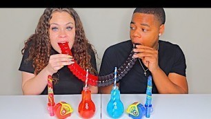 'ASMR RED FOOD VS BLUE FOOD, GIANT GUMMY WORM, SOUR CANDY SPRAY, GUMMY ROLL CANDY MUKBANG'