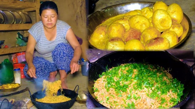 'Cooking noodles with Egg on their style in village Nepal'