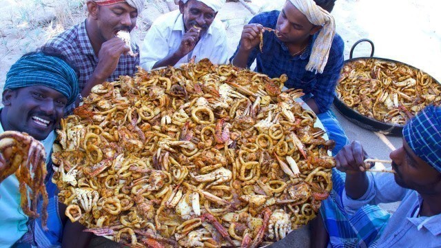 'SEAFOOD FRY | Squid Prawns Crabs Fry | Three in One Mix Recipe | Seafood Recipe | Tasty Village Food'