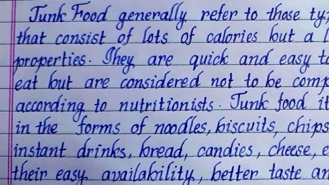 'Essay on \"Junk Food\" | essay writing | English writing | writing | handwriting | Eng Teach'