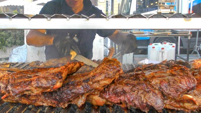 'Argentina Street Food. Huge Blocks of Juicy Meat on Grill, Italy Food Fair'