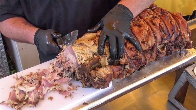 'Cutting Huge Pork Belly Roll \'Porchetta\' for Yummy Sandwiches. Italy Street Food'