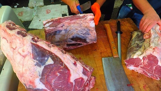 'Italy Street Food. Grilling Tons of Huge \'Bistecca alla Fiorentina\' on the Road'