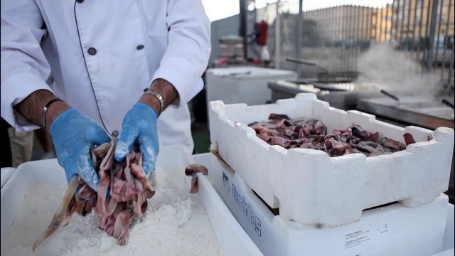 'Fried Fish and Seafood. Olbia, Sardinia Street Food Festival. Italy'