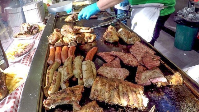 'Italy Street Food. Sausage Sandwiches and More Meat on Grill'