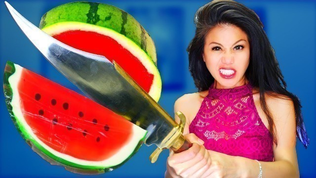 'DIY Giant Gummy Watermelon Jello vs Fruit Ninja'