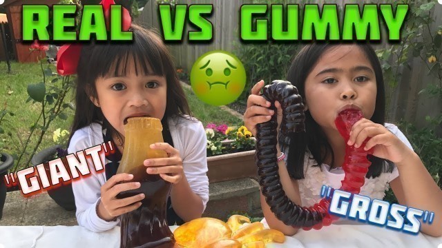 'Super Gross Real Food vs Gummy Food Challenge - Kids Eat Real Insect Snacks - Giant Gummy'