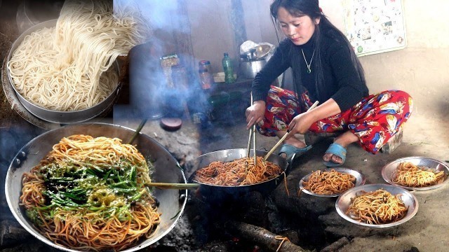 'Buff Dry meat with Noodles in the village || Nepali village Food ||'