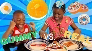 'Gummy Food vs. Real Food Challenge! EATING BREAKFAST DONUT, WAFFE, EGGS &BACCON'