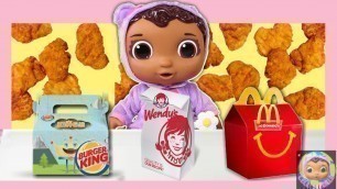 'Extreme Kids Meal Challenge! McDonald\'s, Burger King and Wendy\'s! Baby Doll Feeding Video Real Food.'